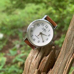 TIMEX Indiglo Custom OOAK H4 2000 Silver/White/Brown Leather Sz US 7 Watch Ring